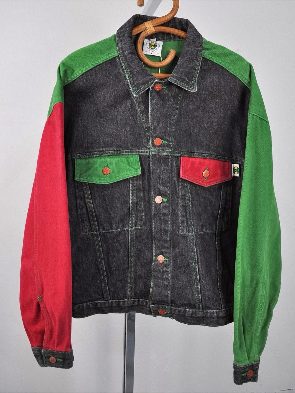Cross Colours Black Denim Colorblock Jacket with Green & Red Panels